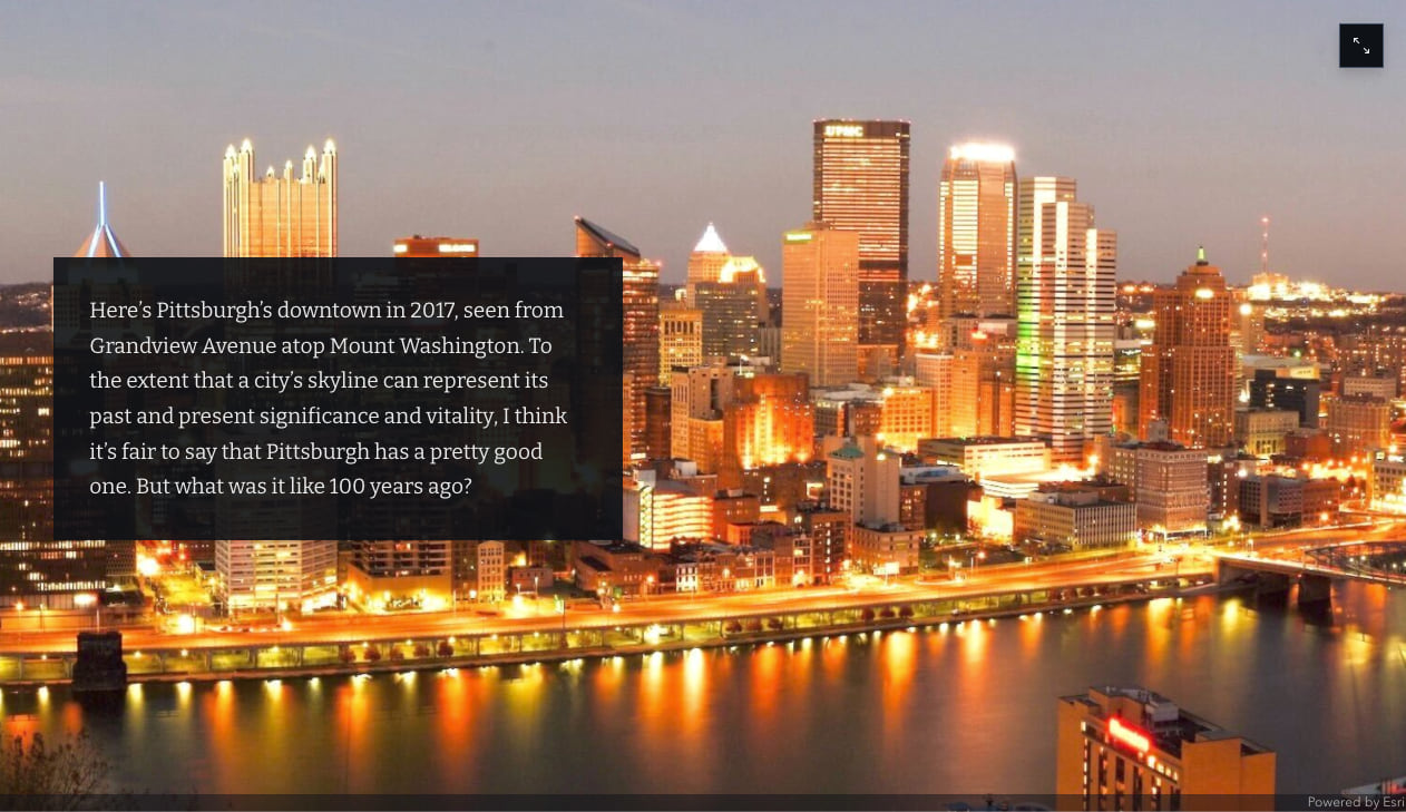 A screenshot of a web map using a media layer to portray historic photographs of a city skyline.